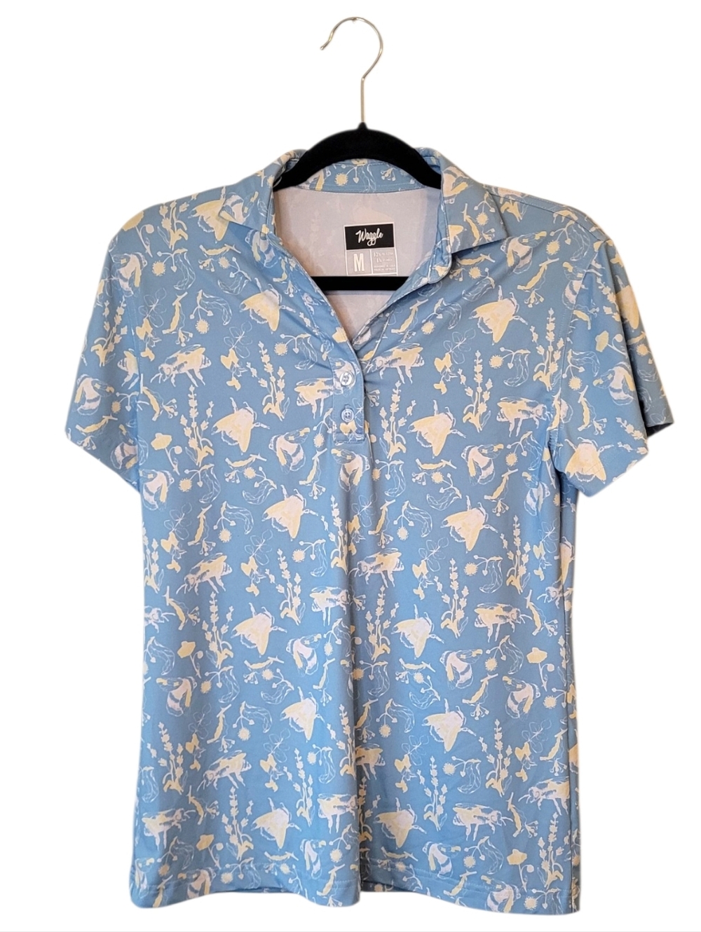 Waggle Light Blue Bee Bug Print Golf Polo Women's Size M